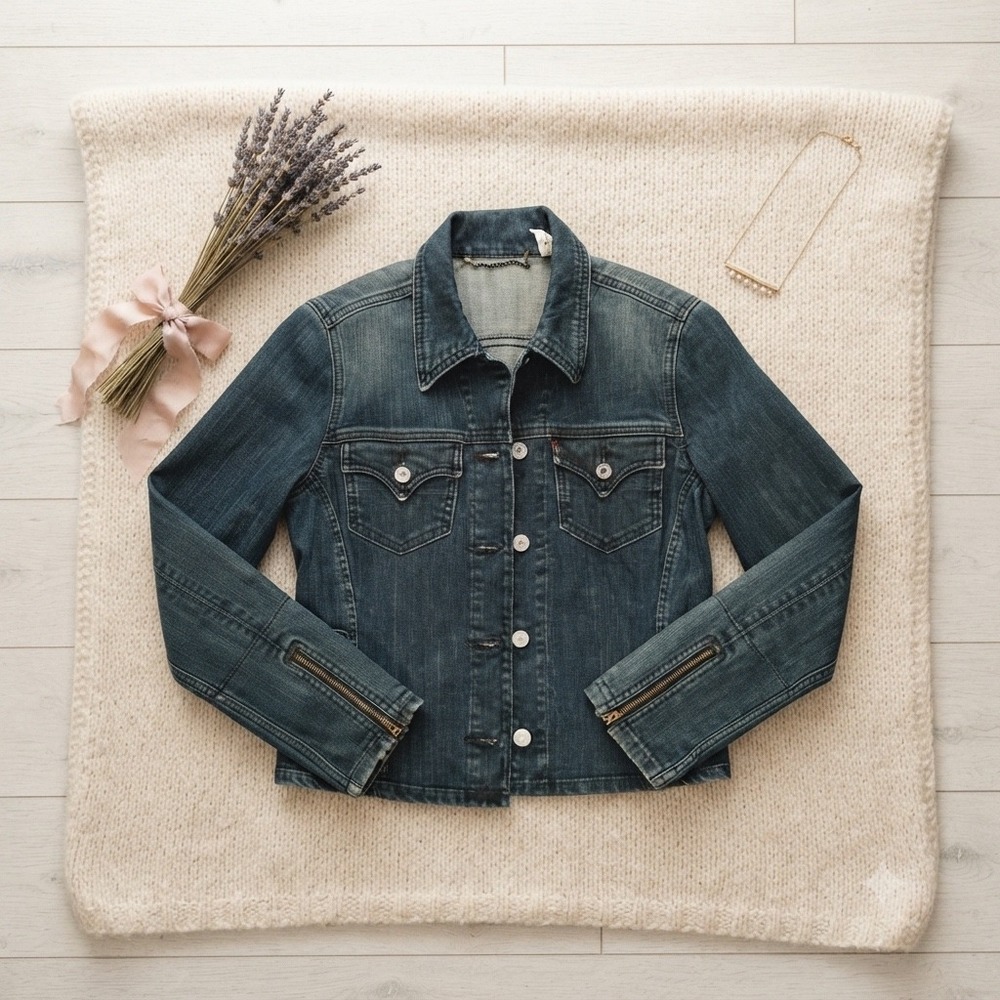 80s/90s Retro Levis Women Dark Wash‎ Denim Trucker Jacket Zipper Cuffs Size M